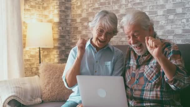 Dojrzali ludzie zszokowani rezultatem. Starsza para reaguje na nieoczekiwane nowości na swoim laptopie.  - Materiał filmowy, wideo