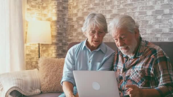 Dojrzali ludzie zszokowani rezultatem. Starsza para reaguje na nieoczekiwane nowości na swoim laptopie. - Materiał filmowy, wideo