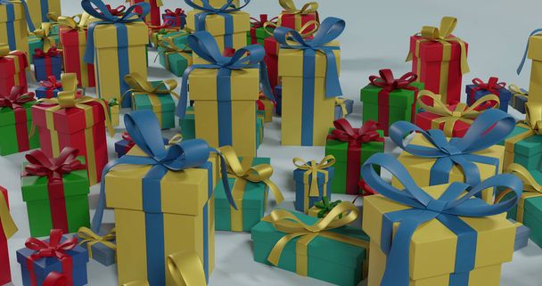 Image of multi coloured christmas presents with ribbons over grey background. Christmas, festivity, tradition and celebration concept. - Fotó, kép