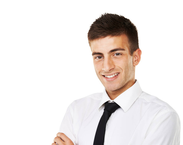 Corporate confidence. Portrait of a smiling man with a white background - Foto, Imagen