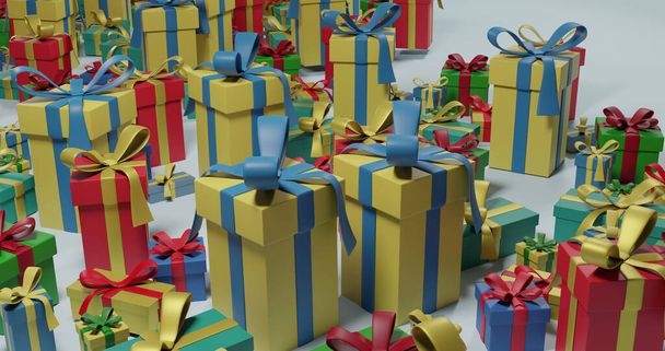 Image of multi coloured christmas presents with ribbons over grey background. Christmas, festivity, tradition and celebration concept. - Photo, image