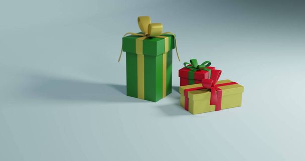 Image of three christmas presents spinning with copy space over grey background. Christmas, festivity, tradition and celebration concept. - Photo, image