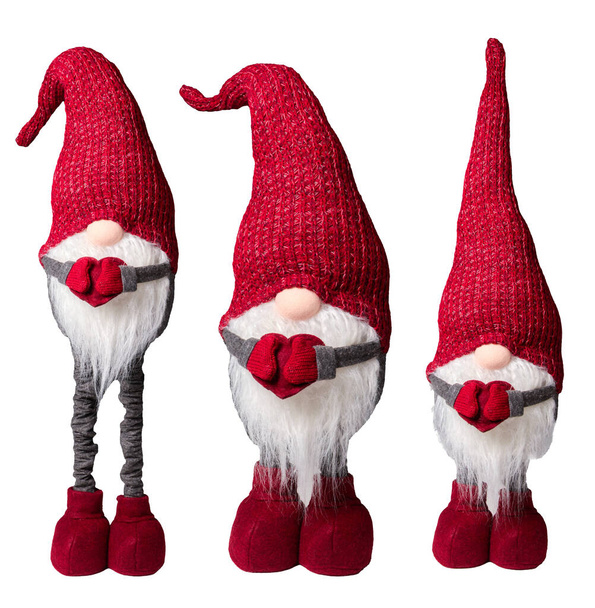 Χριστουγεννιάτικα ξωτικά ή ξωτικά σε κόκκινο καπάκι και γάντια διαφορετικού ύψους που απομονώνονται σε λευκό. - Φωτογραφία, εικόνα