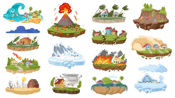 Cartoon natural disasters, flooding, earthquake and snow blizzard. Environment damage extreme weather, hurricane, flooding and forest fire flat vector illustration set. Natural cataclysm collection - Vector, Image