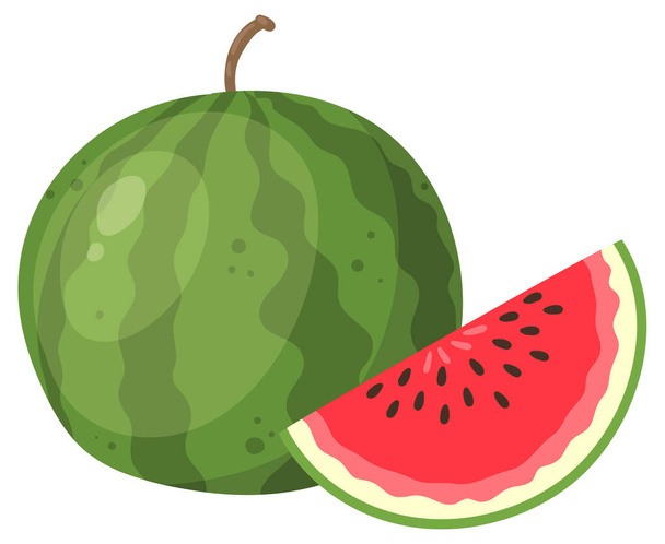 Fruta de sandía de dibujos animados. Fresco jugoso sandía baya, fruta entera y medio plano vector ilustración sobre fondo blanco - Vector, Imagen