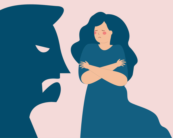 Man's shadow threatening a terrified woman. Girl says NO to abuse and protects herself. Stop domestic violence, school bullying. Protest against sexual assault and exploitation concept.  - Vector, Image