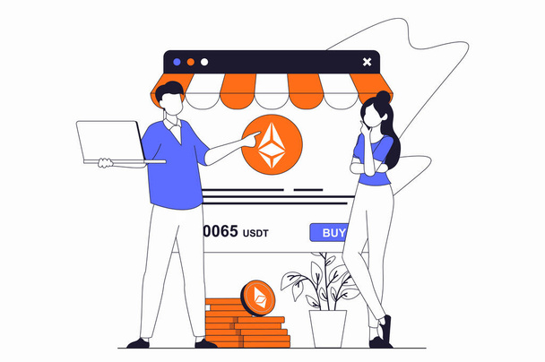 Cryptocurrency marketplace concept with people scene in flat outline design. Man and woman buy and sell ethereum coins on online exchange. Illustration with line character situation for web - Photo, Image