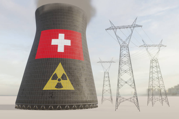 Concepto energía nuclear en Suiza. Símbolos cliché de la energía nuclear con una bandera de las torres de transmisión de electricidad del país en una torre de enfriamiento de una planta nuclear. Renderizado 3D. - Foto, imagen