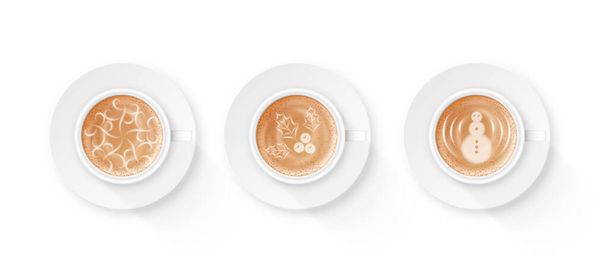 Set de artes latte. Imágenes realistas dibujando en el café o espuma de capuchino en blanco taza 3d aislado. Concepto barista y coffeeshop. Hermoso café de la mañana. Ilustración vectorial - Vector, imagen