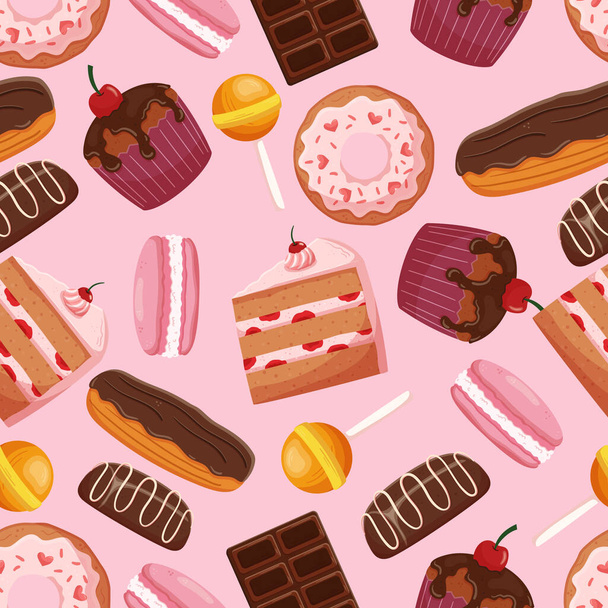 Zökkenőmentes minta édességekkel és desszertekkel. Rózsaszín háttér sütemények, Muffinok, Macaroons, fánk vagy pite csokoládé cukorka és nyalóka sütemények és édességek. Rajzfilm vektor illusztráció - Vektor, kép