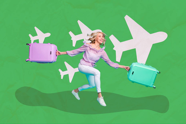 Creative photo 3d collage artwork postcard poster of happy girl hurry airport registration flight abroad isolated on painting background. - Photo, image