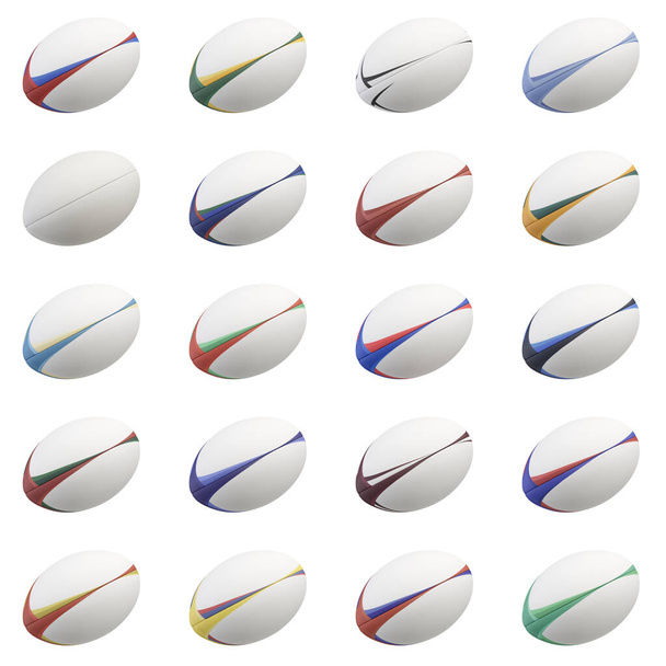 Een collectie van wit getextureerde rugby ballen met verschillende kleuren design elementen op een geïsoleerde achtergrond - 3D render - Foto, afbeelding