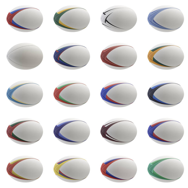 Eine Sammlung weißer strukturierter Rugbybälle mit verschiedenen farbigen Gestaltungselementen auf isoliertem Hintergrund - 3D-Renderer - Foto, Bild