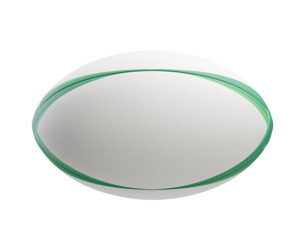 Een wit getextureerde rugbybal met kleurontwerp elementen op een geïsoleerde achtergrond - 3D render - Foto, afbeelding