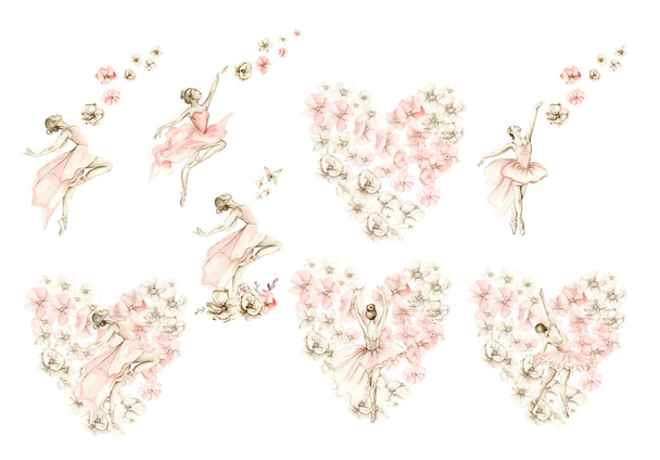Akvarell tánc balerina kompozíció virágokkal.Rózsaszín szép balerina. Akvarell kézzel rajzolni illusztráció. Kártyákhoz vagy plakátokhoz használható. Fehér, elszigetelt háttérrel. Illustartion - Fotó, kép