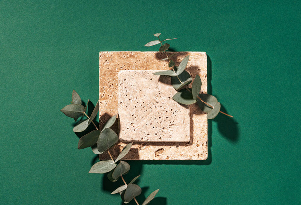 Travertine tiles. Empty square mockup template for product presentation made with natural travertine and eucalyptus on a dark green background. Minimal composition flat lay with copy space. Top view. - Fotoğraf, Görsel