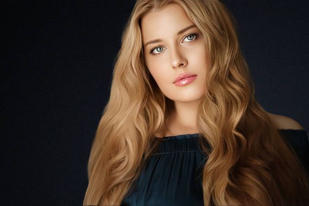 Beauty, makeup and skincare, face portrait of beautiful woman with long hairstyle on black background for luxury cosmetics, wellness or glamour fashion look - Photo, Image