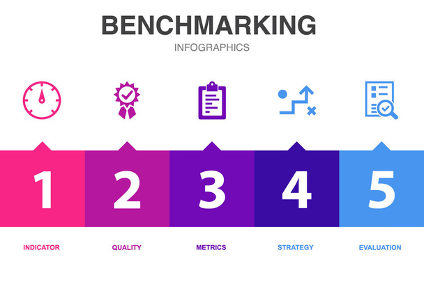 ícones de benchmarking Modelo de design infográfico. Conceito criativo com 5 passos - Vetor, Imagem