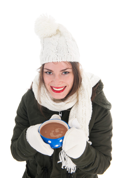 Portrait winter girl with hot chocolate - Photo, Image