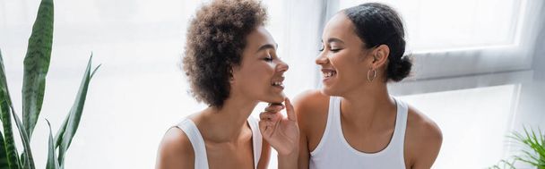 cheerful african american lesbian woman touching chin of happy girlfriend, banner - Foto, Imagem