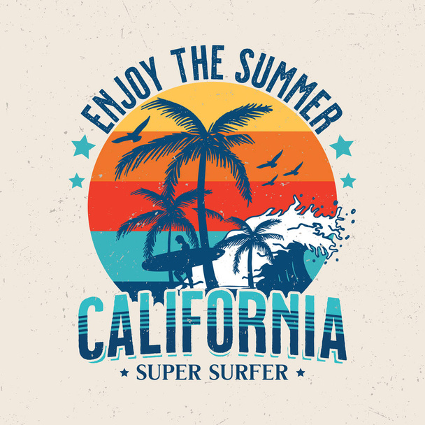 California 'nın süper sörfçüsü, klasik sörf tişörtü tasarımının tadını çıkarın. - Vektör, Görsel