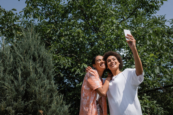 happy african american lesbian couple taking selfie near tree in green park  - Foto, immagini