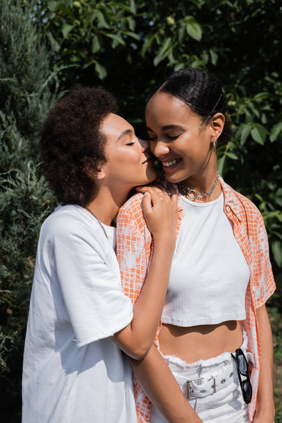 Kıvırcık Afrikalı Amerikalı kadın yeşil parkta lezbiyen partnerin yanağını öpüyor.  - Fotoğraf, Görsel