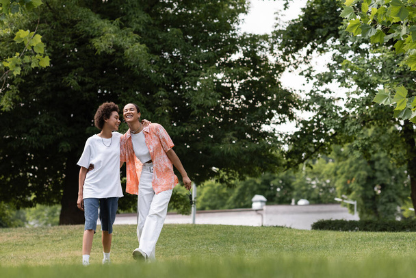 full length of joyful african american lesbian woman hugging happy girlfriend and walking in green park  - Fotografie, Obrázek