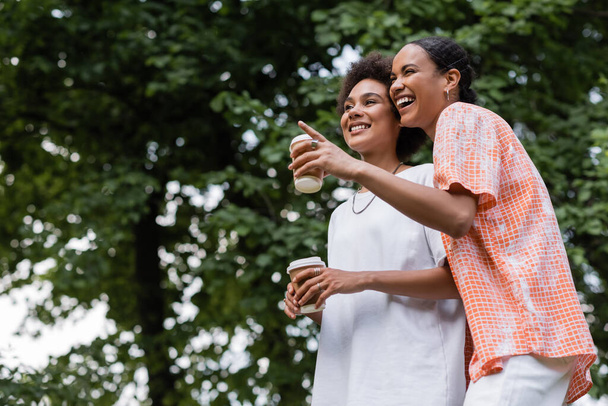 joyful african american lesbian woman holding coffee to go while pointing away near girlfriend in park  - Fotografie, Obrázek