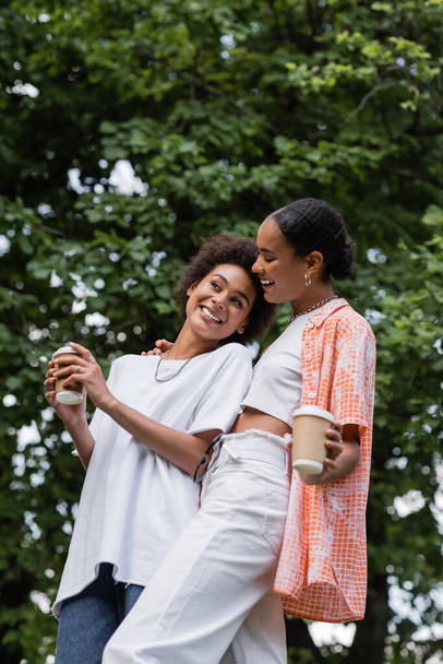 joyful african american lesbian women holding paper cups in park - Zdjęcie, obraz