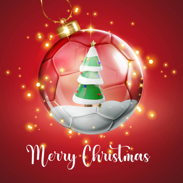 Házassági karácsonyi kártya átlátszó fényes foci üveg labda zöld karácsonyfa belsejében - 3D renderelés - Fotó, kép
