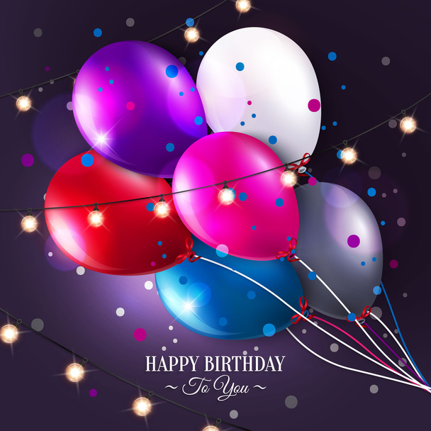 Векторная открытка на день рождения с воздушными шарами и огнями
. - Вектор,изображение