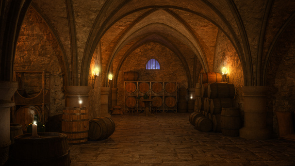Cantina di un'antica taverna medievale illuminata da fiaccole e candele. Rendering 3D. - Foto, immagini