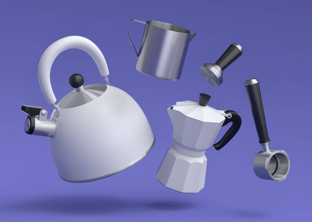 Máquina de café expresso com chifre, chaleira e cafeteira para preparar café da manhã em fundo violeta. 3d renderização de cafeteira para fazer café latte - Foto, Imagem
