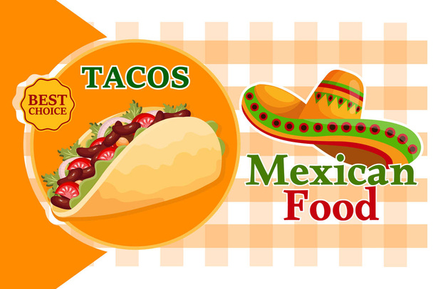 Bandeira de comida mexicana, Taco. Cozinha latino-americana. Cartaz, vector - Vetor, Imagem