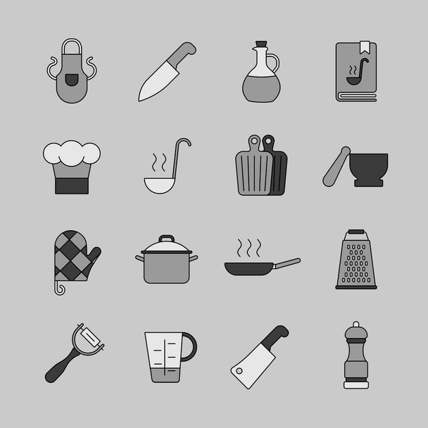 Koken voedsel en keuken vector grijswaarden pictogram set. Grafiek symbool voor koken website en apps ontwerp, logo, app, UI - Vector, afbeelding
