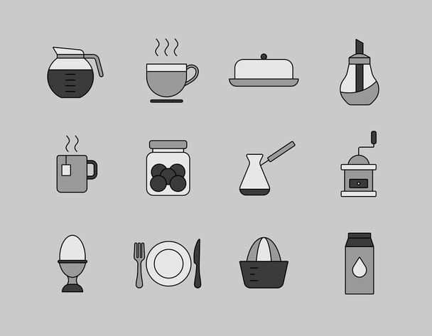 Frühstück und Küche Vektor Graustufensymbolset. Grafiksymbol zum Kochen von Webseiten und Apps Design, Logo, App, UI - Vektor, Bild