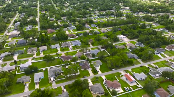 Vista aérea del paisaje de casas privadas suburbanas entre palmeras verdes en la zona rural tranquila de Florida. - Metraje, vídeo