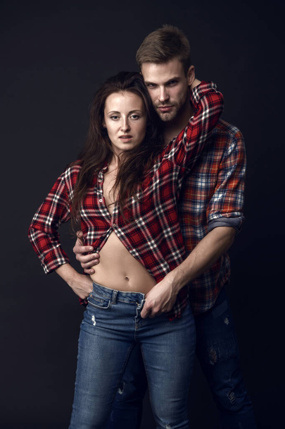 sexy couple. youth casual fashion. sensual couple embrace. couple in love. happy valentines day. erotic game between man and woman. full of desire. Passionate sexual foreplay. fashion couple portrait. - Zdjęcie, obraz