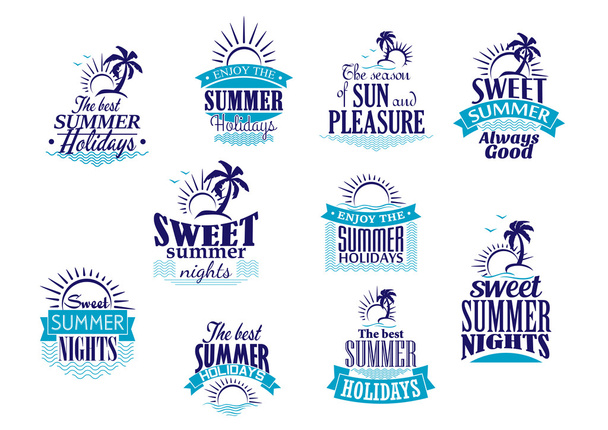 Letní prázdniny a dovolené emblémy v modrých barvách - Vektor, obrázek