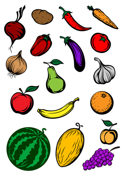 Organic ripe cartooned vegetables and fruits - Vector, Image