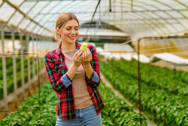 Portret pięknej uśmiechniętej agronomki trzymającej roślinę papryki. (warzywa) - Zdjęcie, obraz