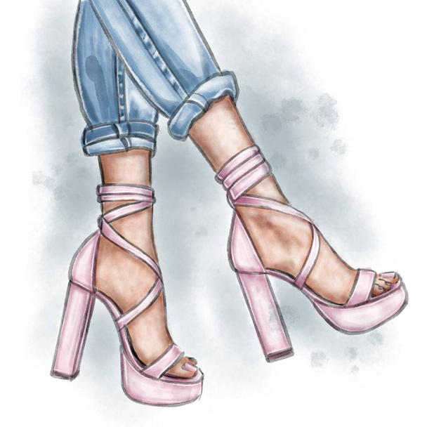 Illustration de mode aquarelle des jambes des femmes en jeans et sandales roses sur fond blanc, pour logo, impression, avatar, cadeau, peinture. - Photo, image