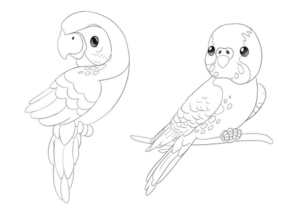 Zwart-wit grafische illustratie van twee papegaaien, meisje en jongen. Idee voor icoon, stickers, boeken, kinderen cartoon, print - Foto, afbeelding
