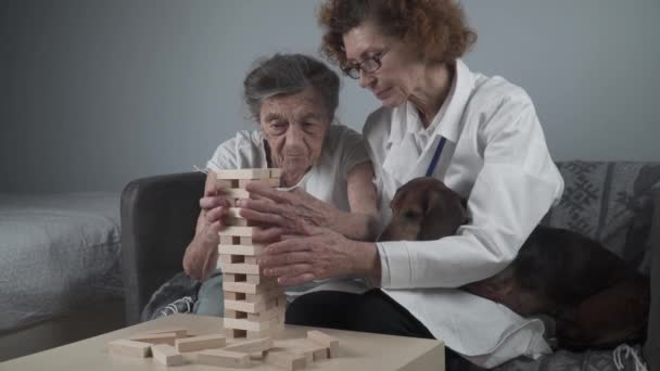  高齢女性患者はパズルを解決します。高齢の診療所で認知障害を持つ老婦人は、ゲームや思考をプレイします。認知症、アルツハイマー病、ケアの概念。動物との治療.  - 映像、動画