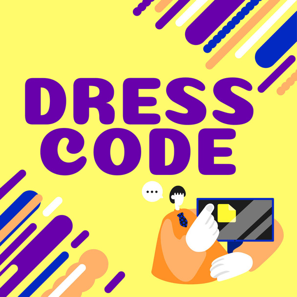 Tekenen weergeven van dress code, Woord voor een geaccepteerde manier van kleden voor een bepaalde gelegenheid of groep - Foto, afbeelding