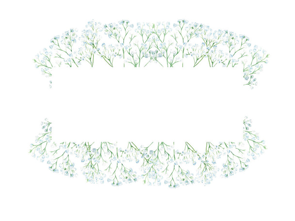 Watercolor horisontal frame with gypsophila branches. Botanical illustration isolated on white background. Can be used for wedding, greeting cards, baby shower, banners, blog templates, logos and - Foto, afbeelding