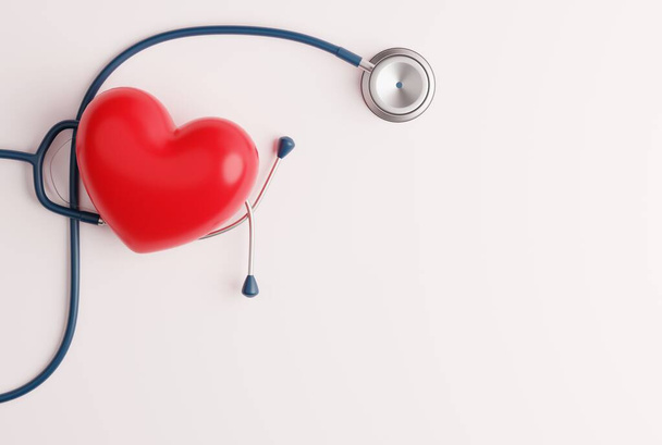 Szív és sztetoszkóp könnyű háttérrel. Egészségügyi, orvosi és gyógyszerészeti koncepció. A szív gondozása, szívproblémák, szívroham megelőzés. 3D render, 3D illusztráció. - Fotó, kép