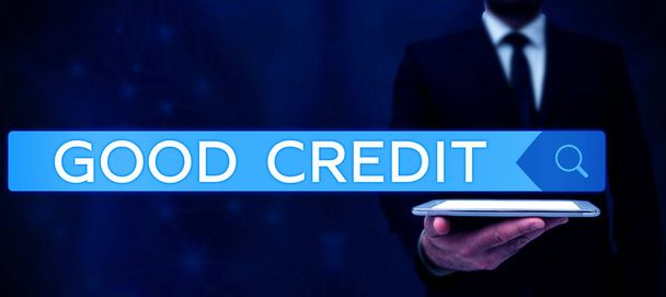 Szöveges felirat bemutató jó hitel, Üzleti koncepció hitelfelvevő viszonylag magas hitel pontszám és biztonságos hitelkockázat - Fotó, kép