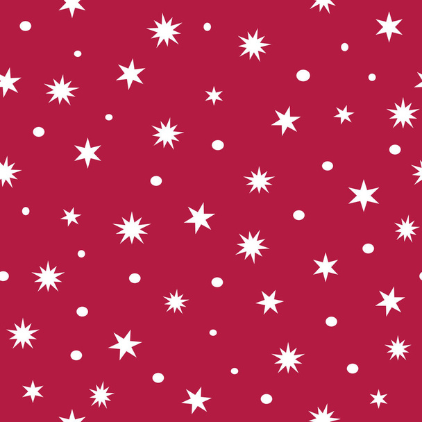 Vánoční fialové červené pozadí s bílými hvězdami a sněhové vločky bezešvé vzor abstraktní dlaždice vektor. Jednoduchá geometrická ozdoba. Opakující se textura. Backdrop. Tapeta. Dárkový balicí papír. - Vektor, obrázek